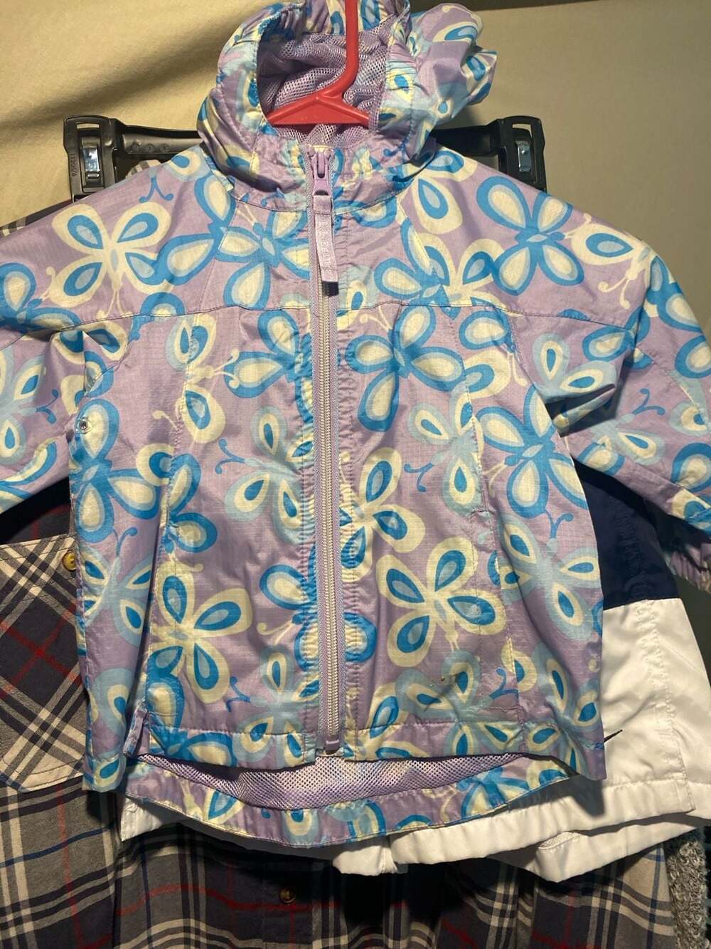 L.L.Bean Infants 12-18M Purple Blue Butterfly Hooded Windbreaker Rain Jacket